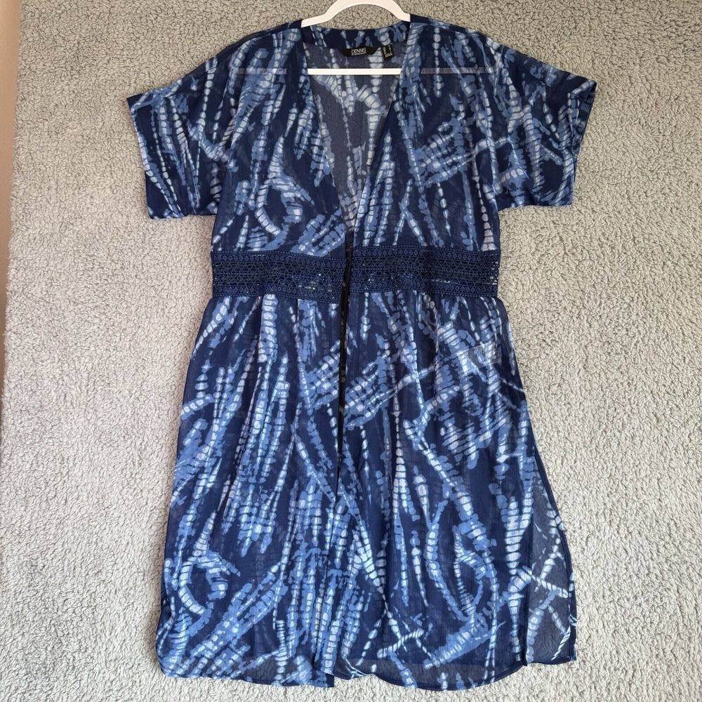 Dennis Basso Womens Duster Top Blue Abstract Cap Sleeve Crochet Waist M New